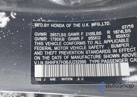 2018 Honda Civic Lx from USA, damaged, VIN SHHFK7H38JU232990